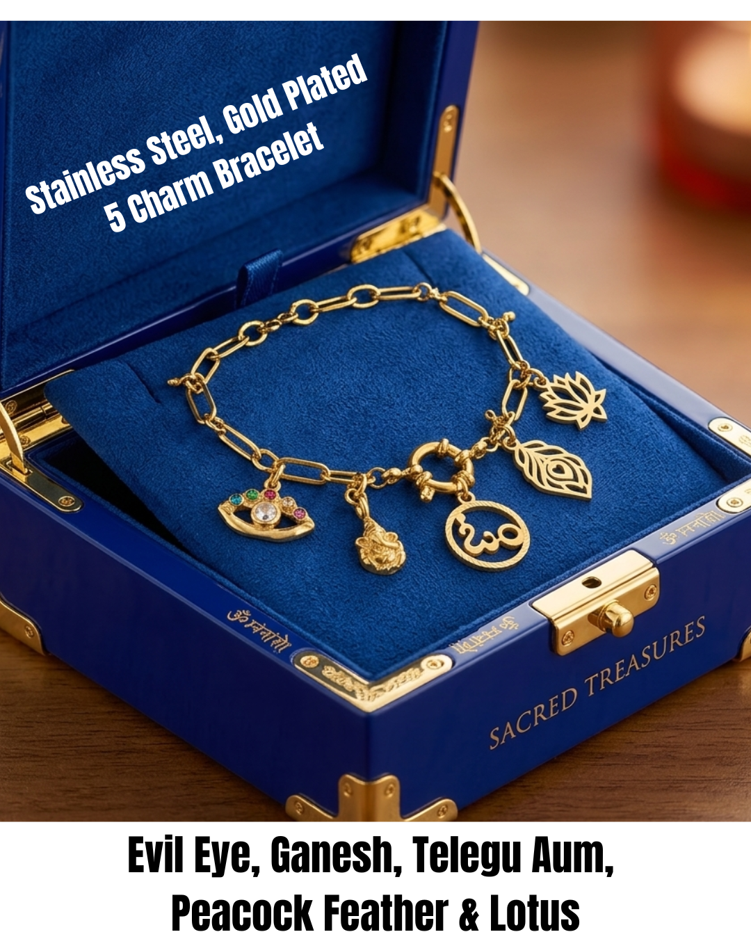 Stainless Steel,Gold Plated Telegu Aum Charm, Adjustable Bracelet