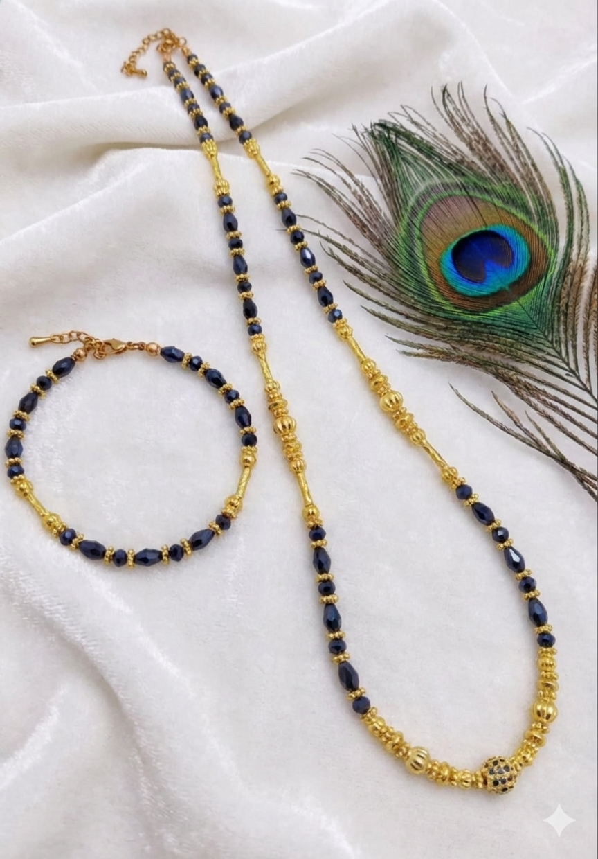 Gold Plated Beaded Mangalsutra Necklace and Bracelet Set - Metallic Black