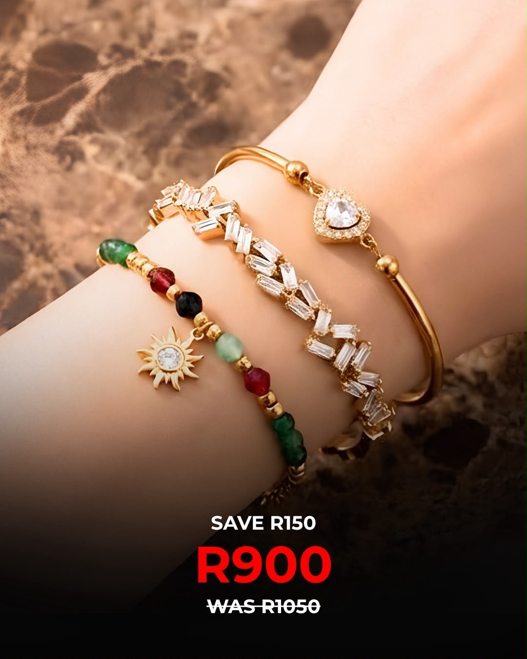 Sun + Plain Cuff + Heart | Bracelet Stack | Hypoallergenic & Waterproof