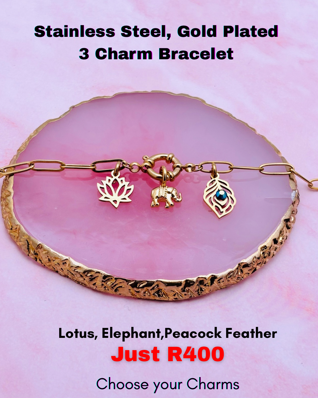 Stainless Steel, 3 Charm, Adjustable Bracelet