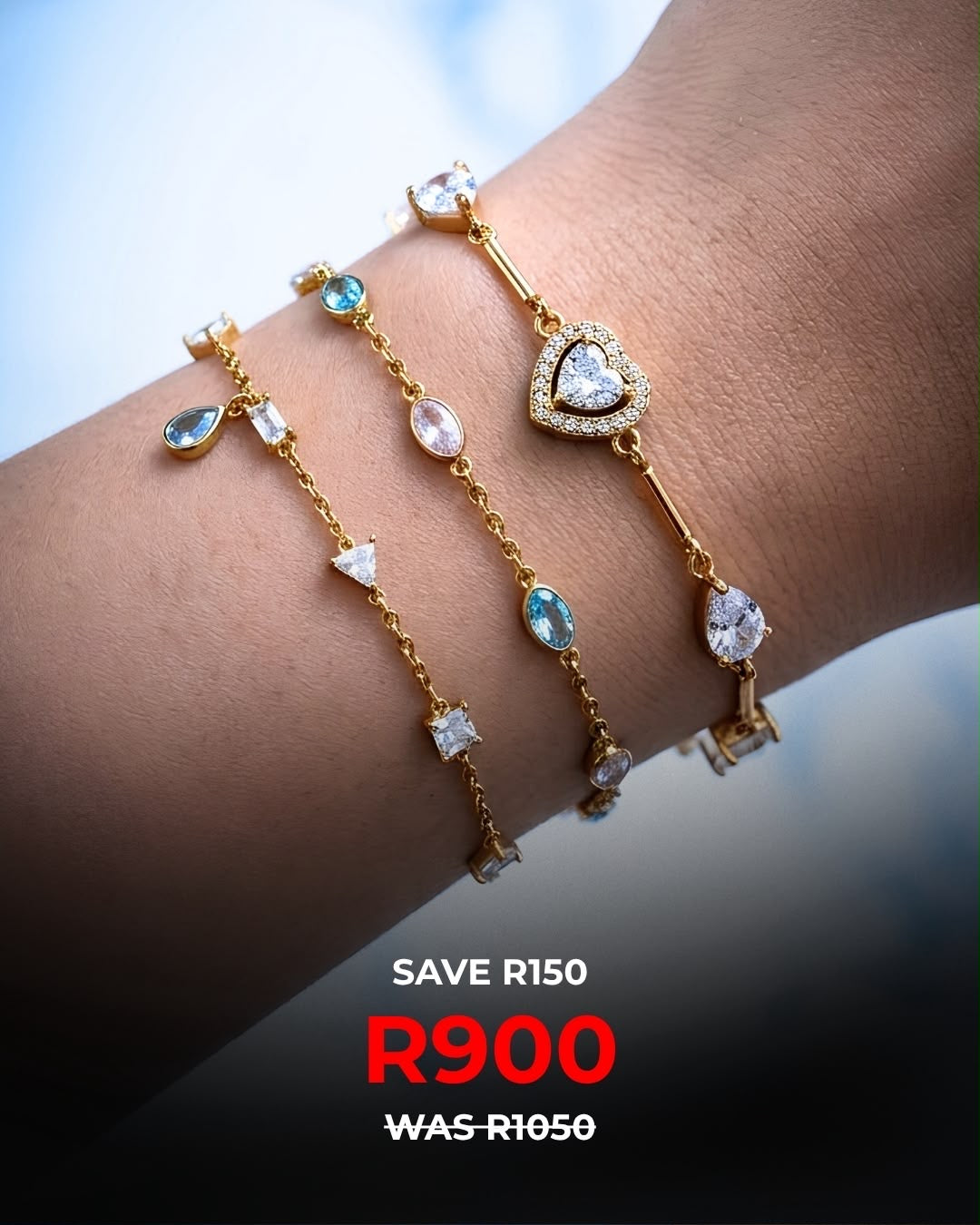 Blue & White Oval Crystal + White Multi-Shaped Crystal + Heart Bracelet | Bracelet Stack | Hypoallergenic & Waterproof