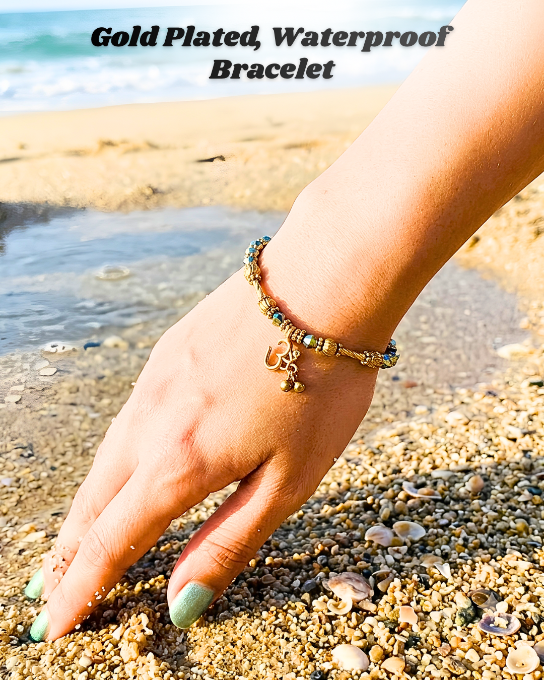 Gold Plated Aum Bracelet - Metallic Green, Tarnish free