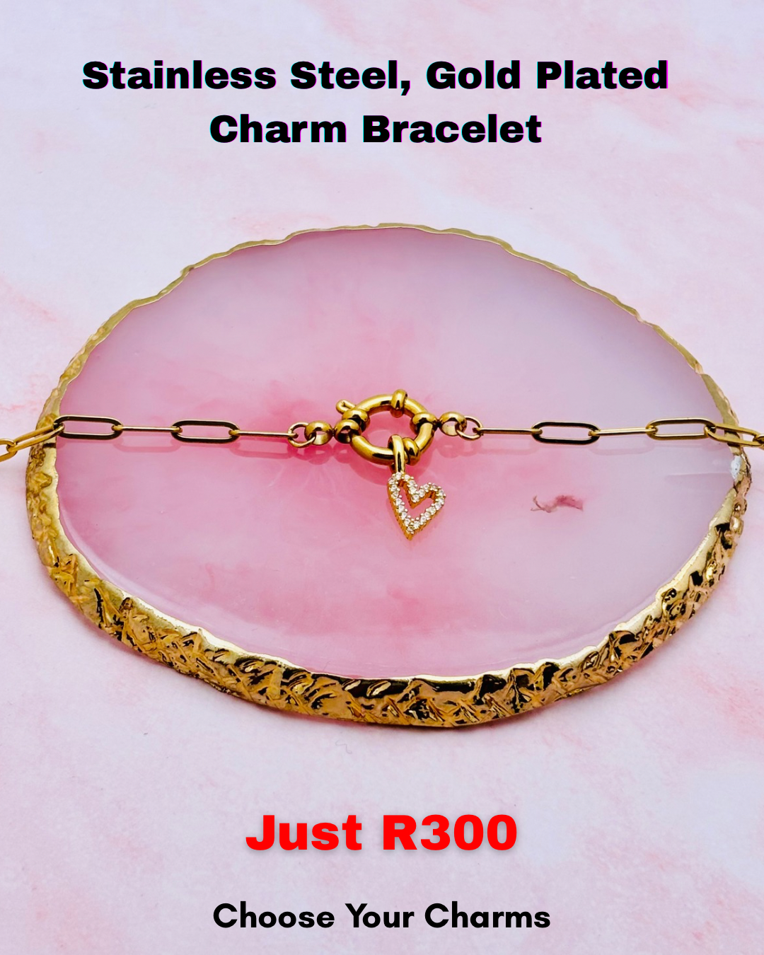 Stainless Steel, Heart Charm, Adjustable Bracelet