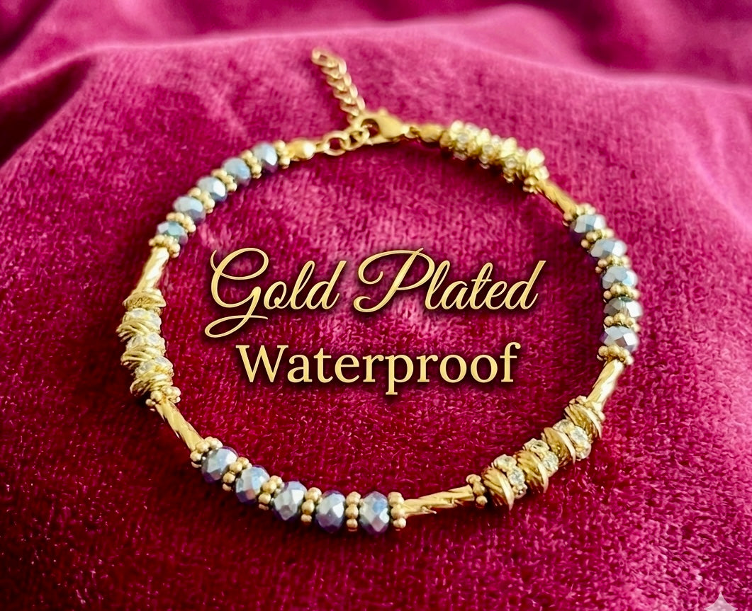 Gold Plated with Cubic Zirconias Bracelet - Grey Beads