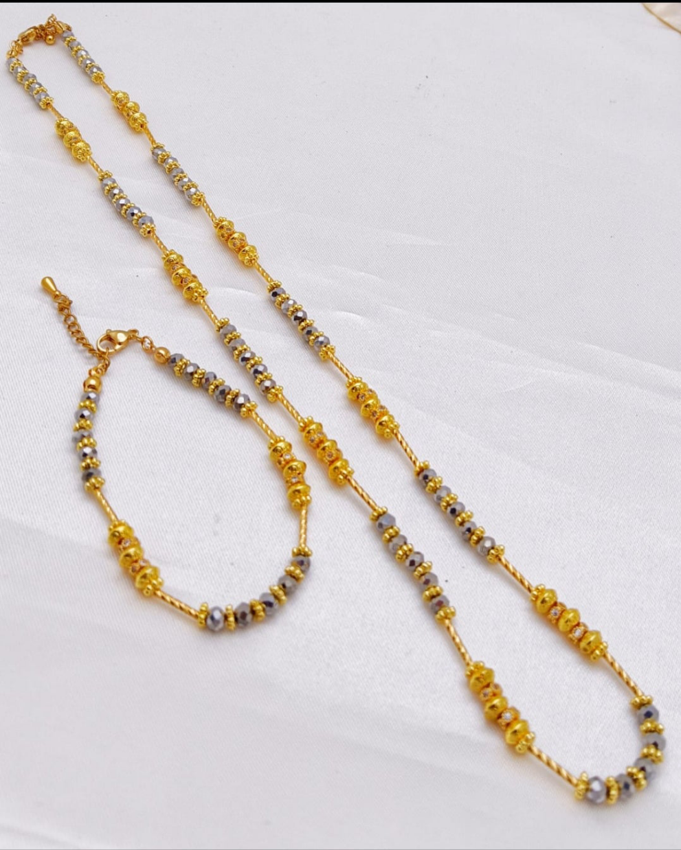 Gold Plated Beaded Mangalsutra Necklace and Bracelet Set with Cubic Zirconias - Black or Silver