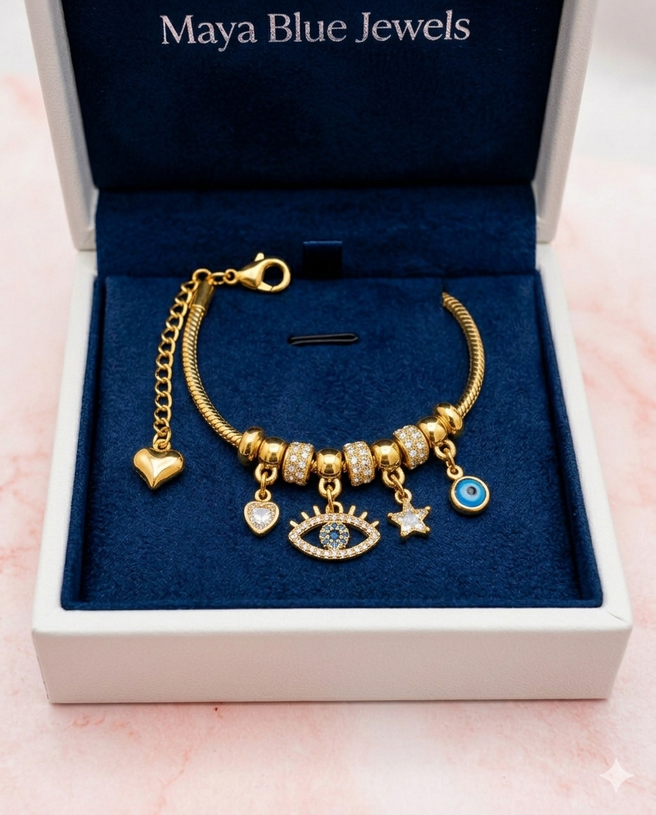 Stainless Steel, Gold Plated Evil Eye Bracelet - Available in Silver & Gold