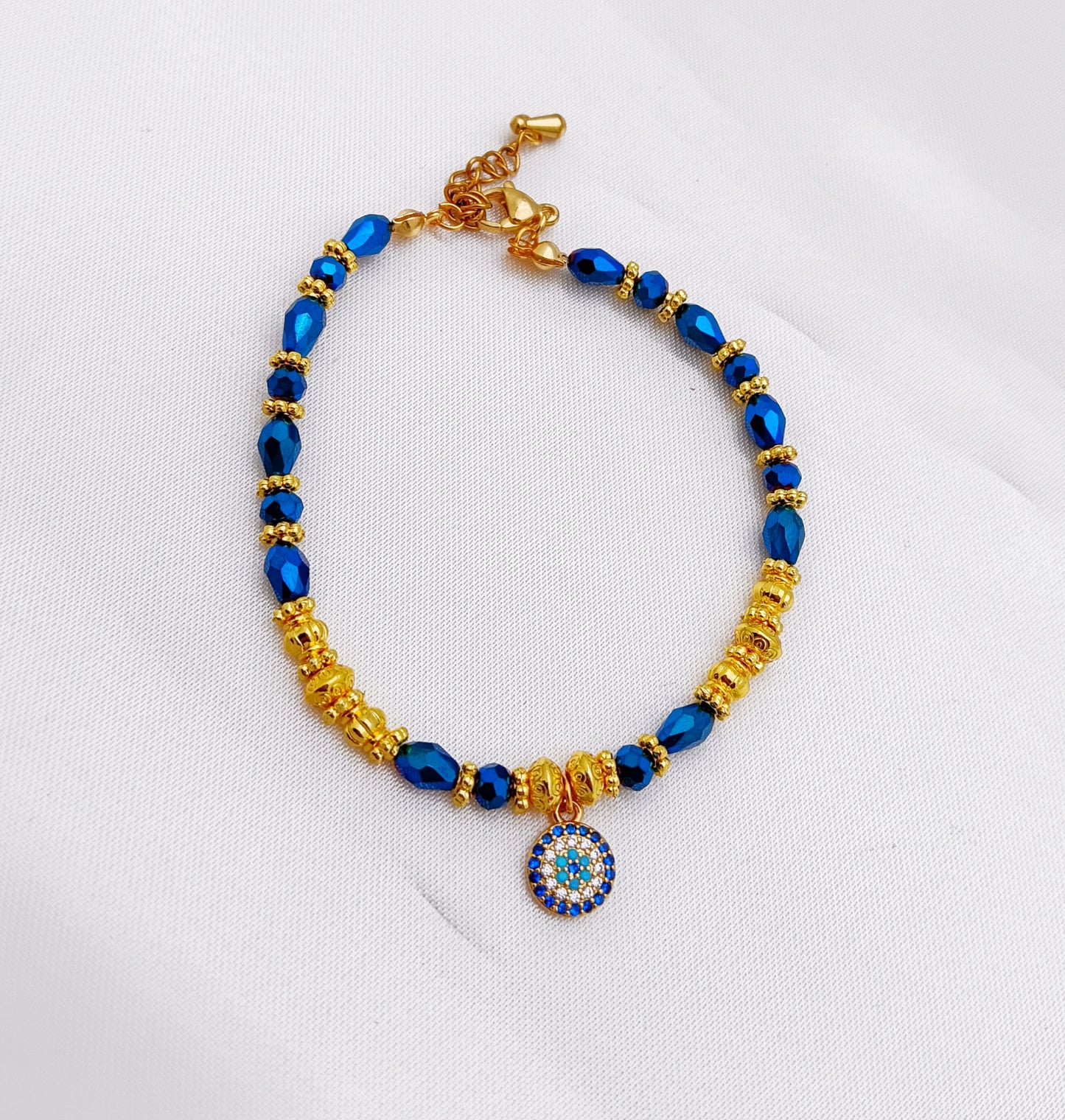 Gold Plated, Evil Eye Beaded Bracelet - Metallic Blue