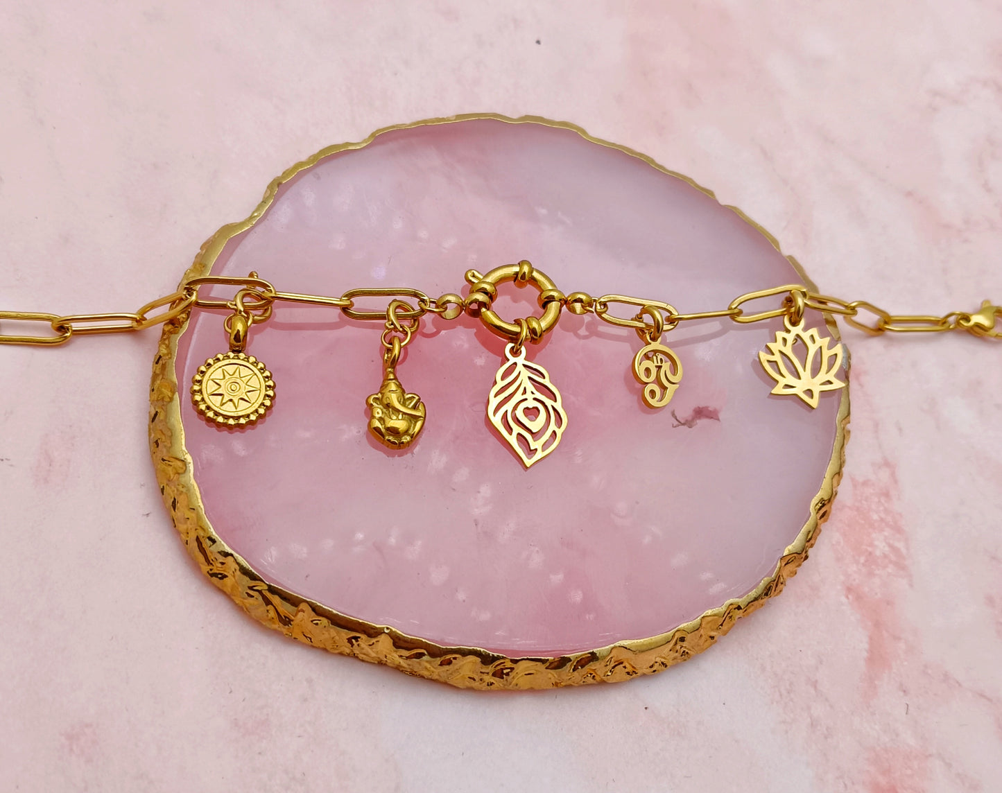Stainless Steel, Gold Plated 5 Charm Bracelet with Tamil Aum