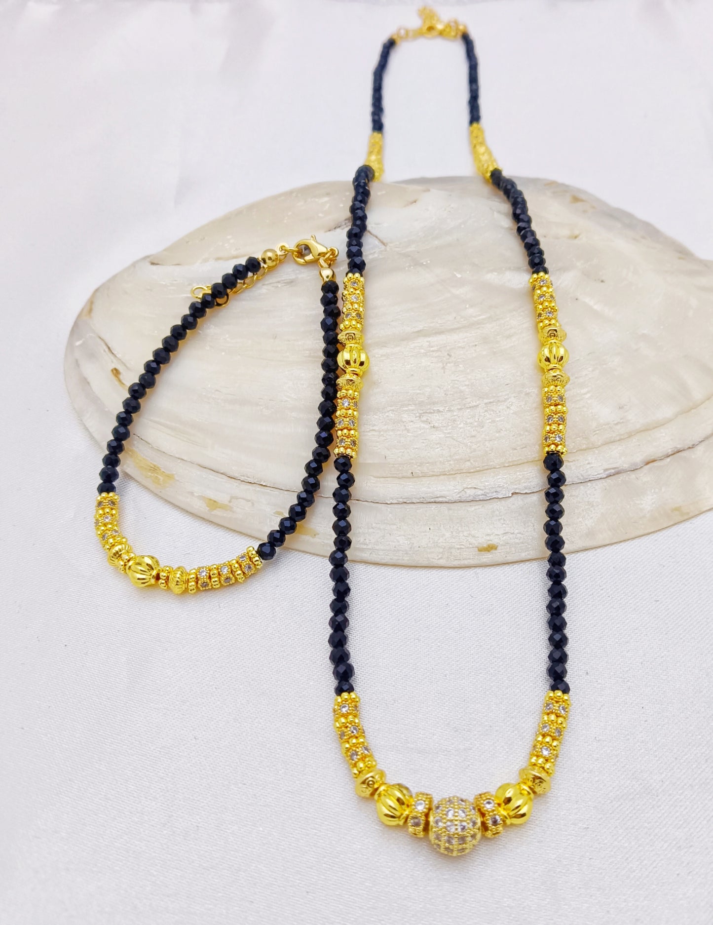 Gold Plated Beaded Mangalsutra/Necklace and Bracelet Set - Black with Cubic Zirconias