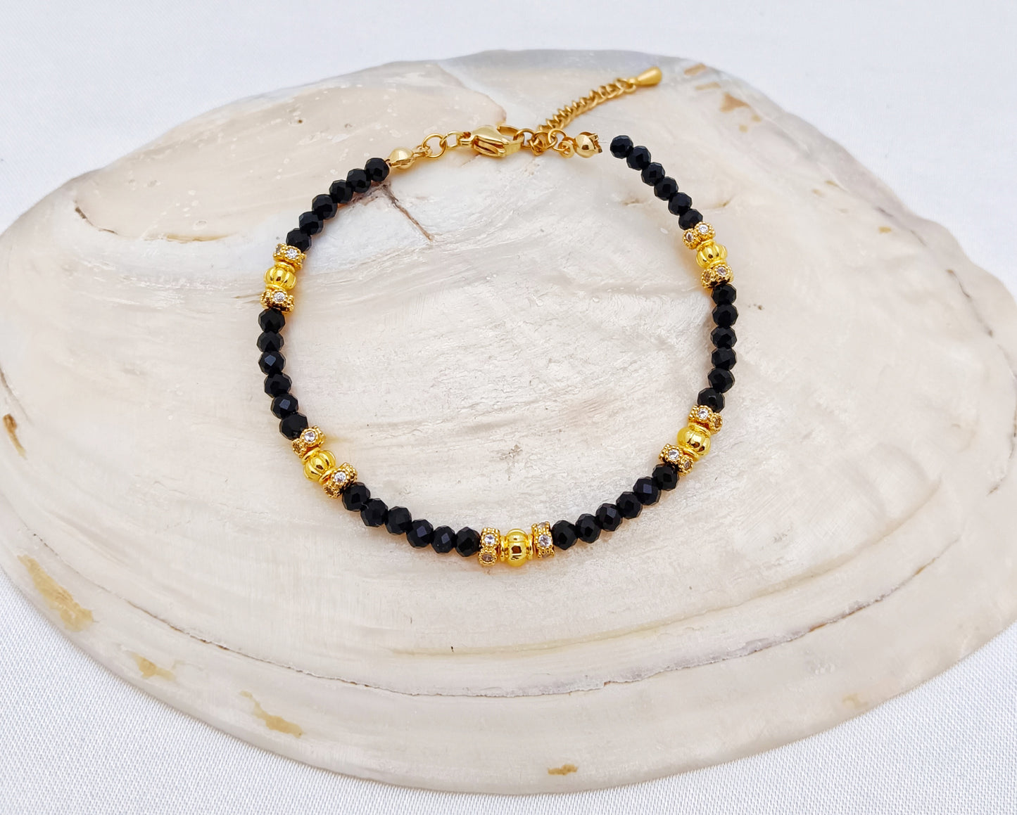 Beaded Bracelet - Gold, Black and Cubic Zirconia