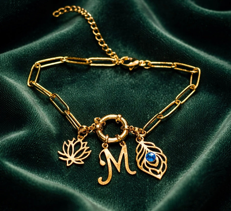 Stainless Steel, Gold Plated Charm, Adjustable Bracelet with Letter