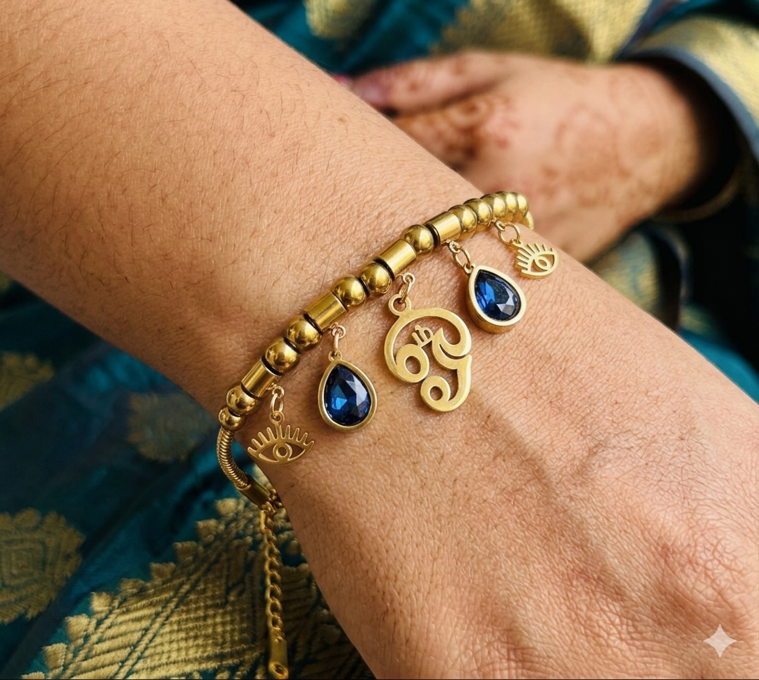 Stainless Steel, Gold Plated Aum Bracelets with Evil Eye - Available in Tamil, Hindi & Telegu
