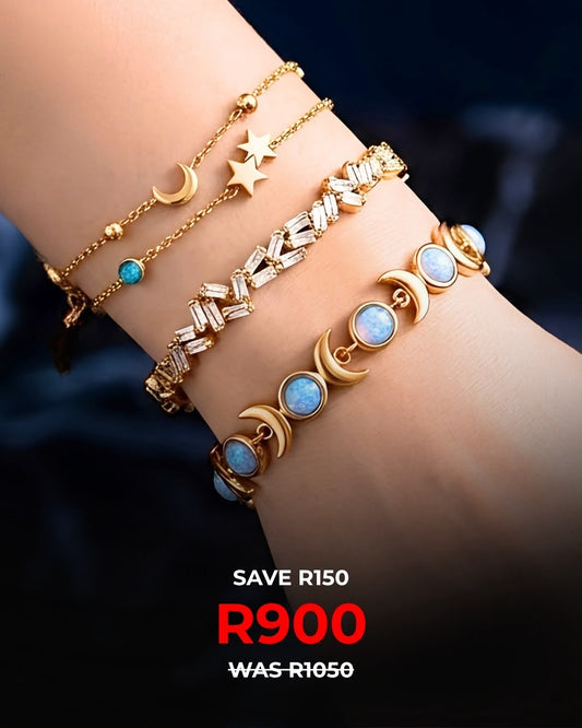 Blue Moon + Plain Cuff + Moon&Stars | Bracelet Stack | Hypoallergenic & Waterproof