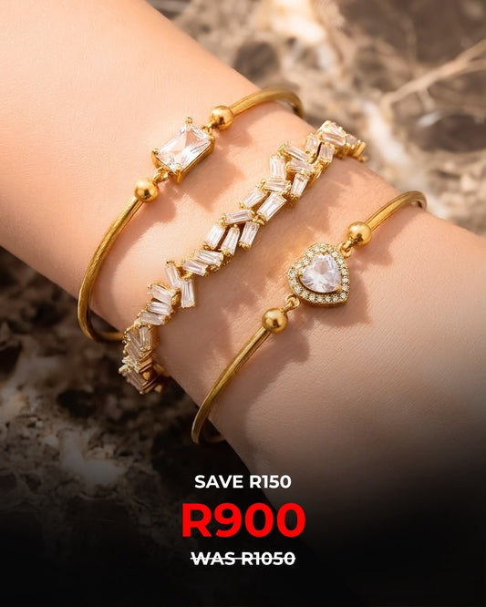Square + Heart + Plain Cuff | Bracelet Stack | Hypoallergenic & Waterproof