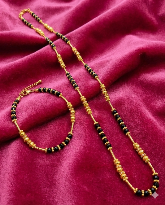 Gold Plated Beaded Mangalsutra Necklace and Bracelet Set with Cubic Zirconias - Black or Silver