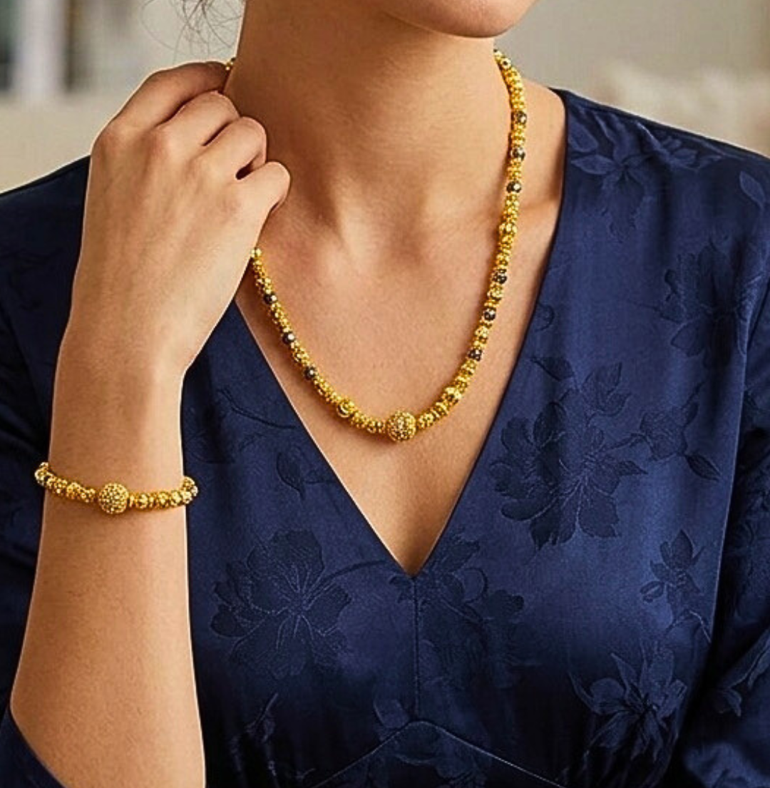 18ct Gold Plated Beaded Mangalsutra & Bracelet Set with Silver Beads