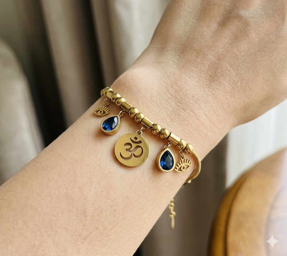Stainless Steel, Gold Plated Aum Bracelets with Evil Eye - Available in Tamil, Hindi & Telegu