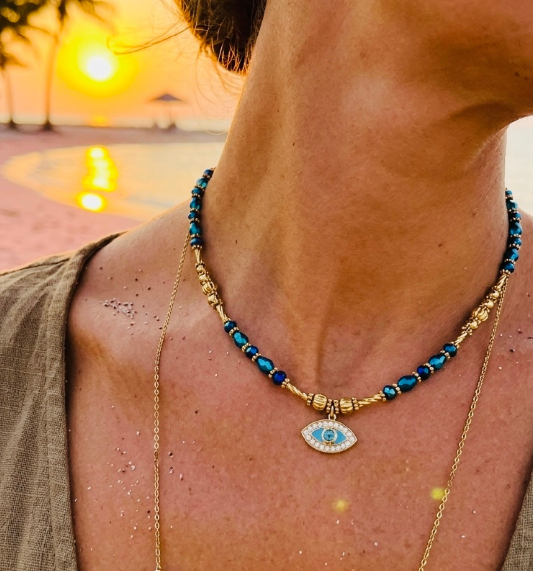 Blue Gold, Evil Eye Beaded Necklace - Tarnish Free