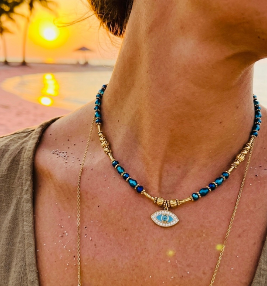 Blue Gold, Evil Eye Beaded Necklace - Tarnish Free