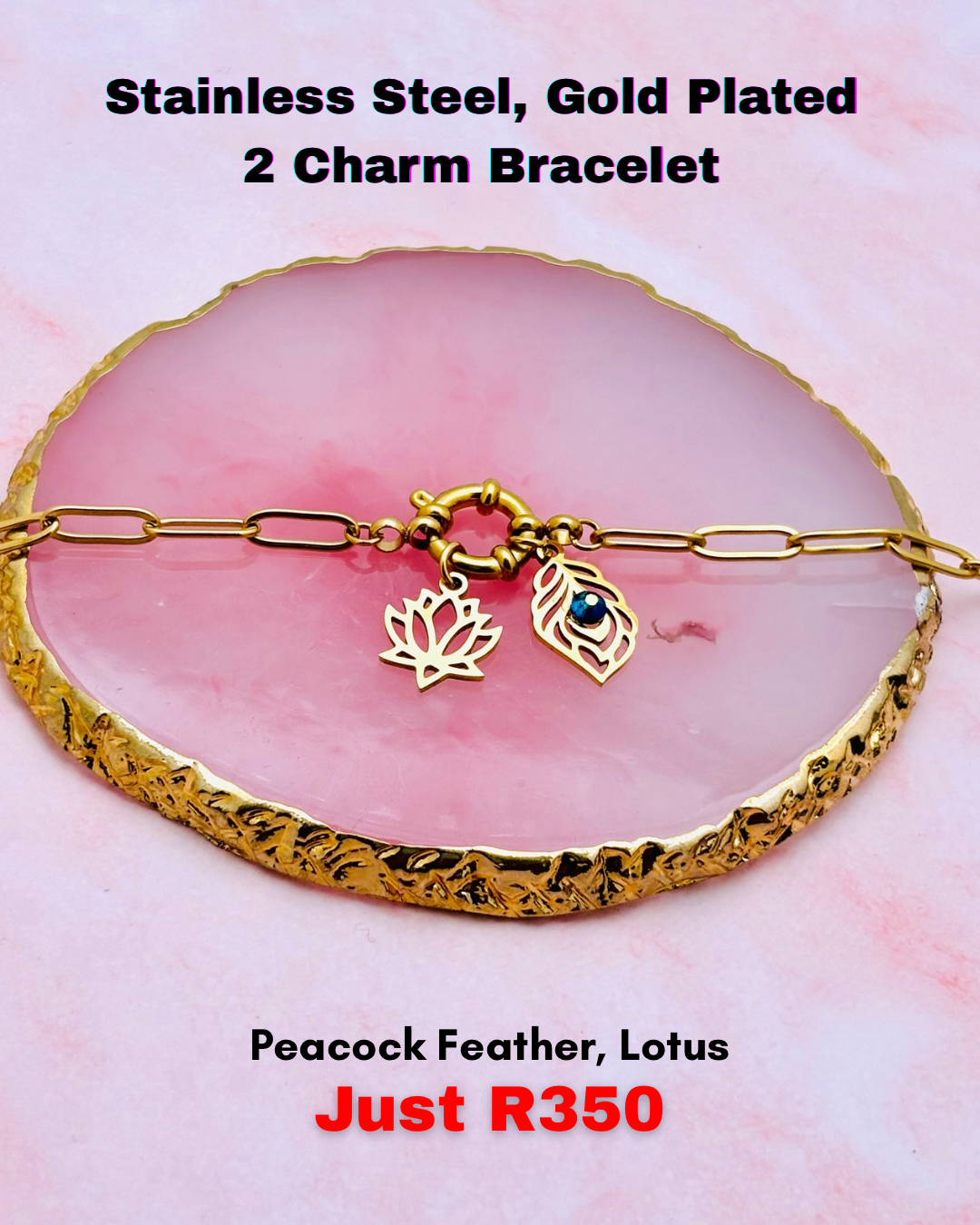 Stainless Steel, 2 Charm, Adjustable Bracelet