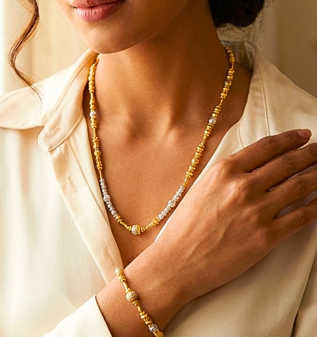 Mangalsutra/Beaded Necklace and Bracelet Set - Silver & Gold