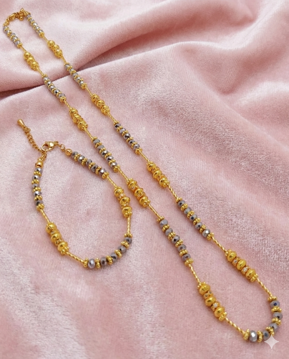 Gold Plated Beaded Mangalsutra Necklace and Bracelet Set with Cubic Zirconias - Black or Silver