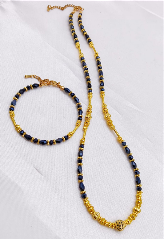 Gold Plated Beaded Mangalsutra Necklace and Bracelet Set - Metallic Black