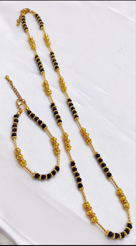 Gold Plated Beaded Mangalsutra Necklace and Bracelet Set with Cubic Zirconias - Black or Silver
