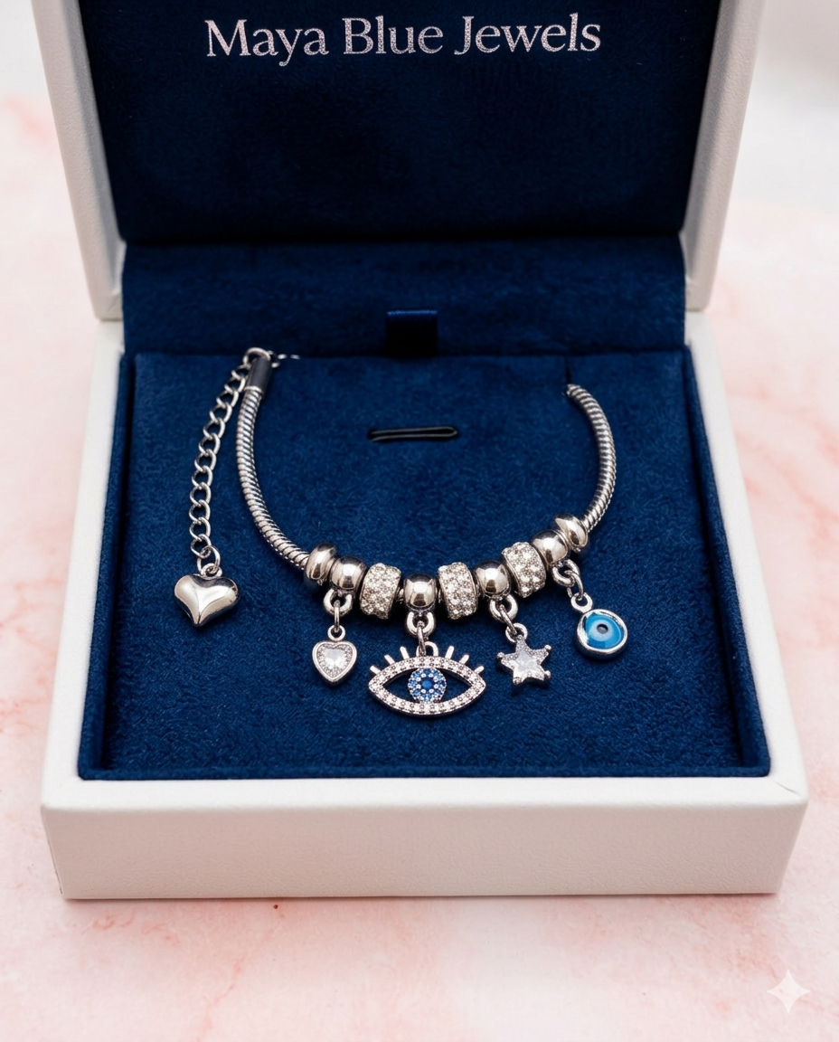 Stainless Steel, Gold Plated Evil Eye Bracelet - Available in Silver & Gold