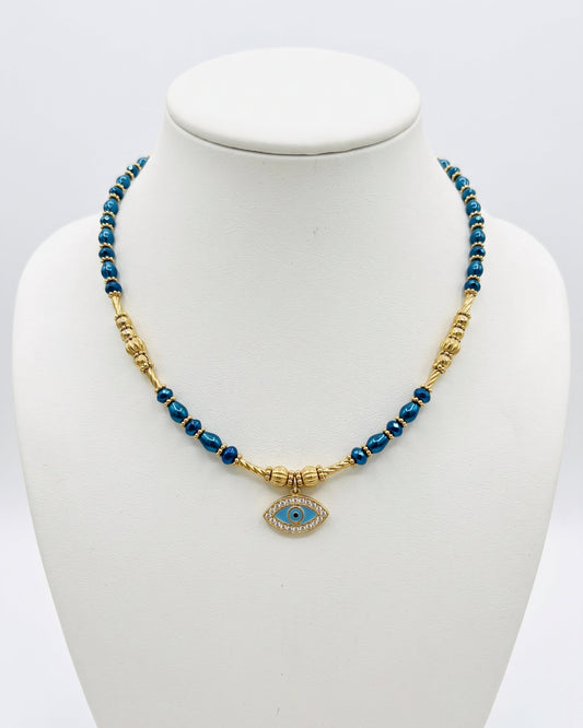 Blue Gold Evil Eye Beaded Necklace | Tarnish Free