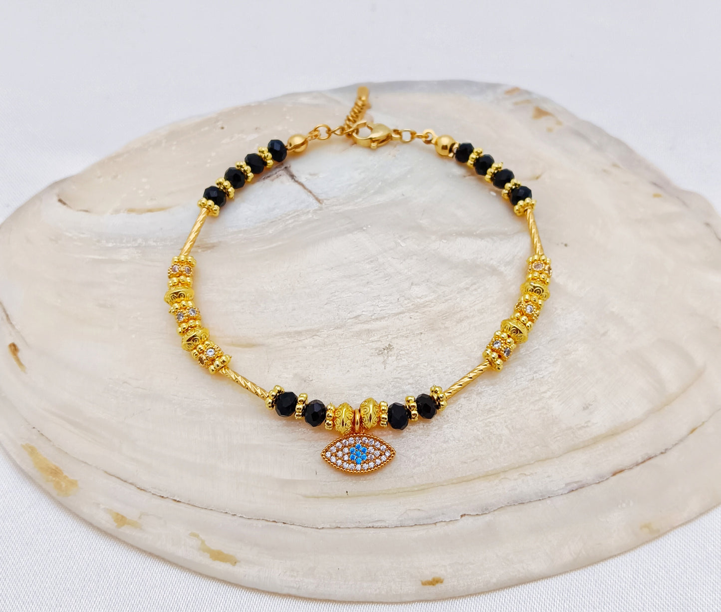 Gold Plated, Evil Eye Beaded Bracelet with Cubic Zirconias - Black