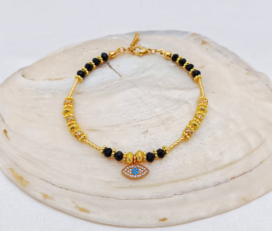 Gold Plated, Evil Eye Beaded Bracelet with Cubic Zirconias - Black