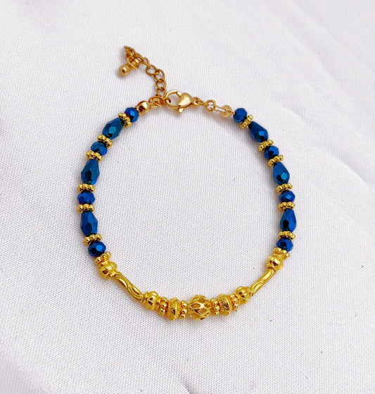 Gold Plated Beaded Bracelet - Metallic Blue