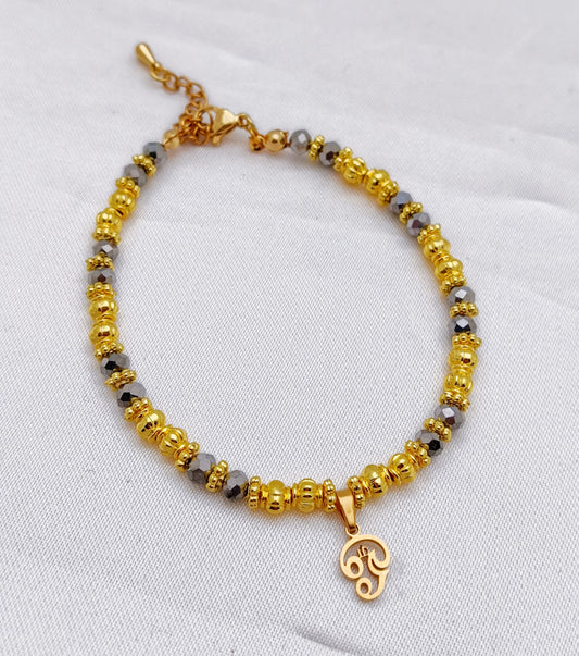 Gold Plated Beaded Bracelet - Aum charm, Silver