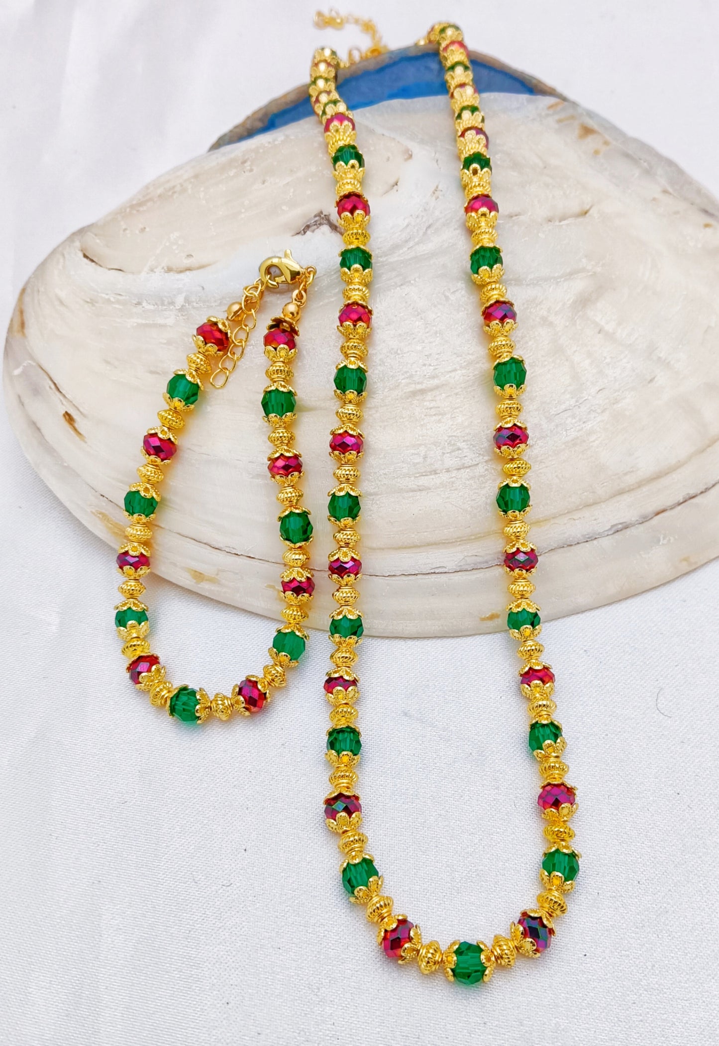 Gold Plated Beaded Necklace and Bracelet Set - Red and Green