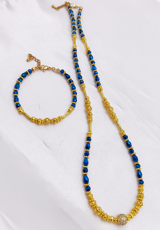 Gold Plated Beaded Necklace and Bracelet Set - Metallic Blue
