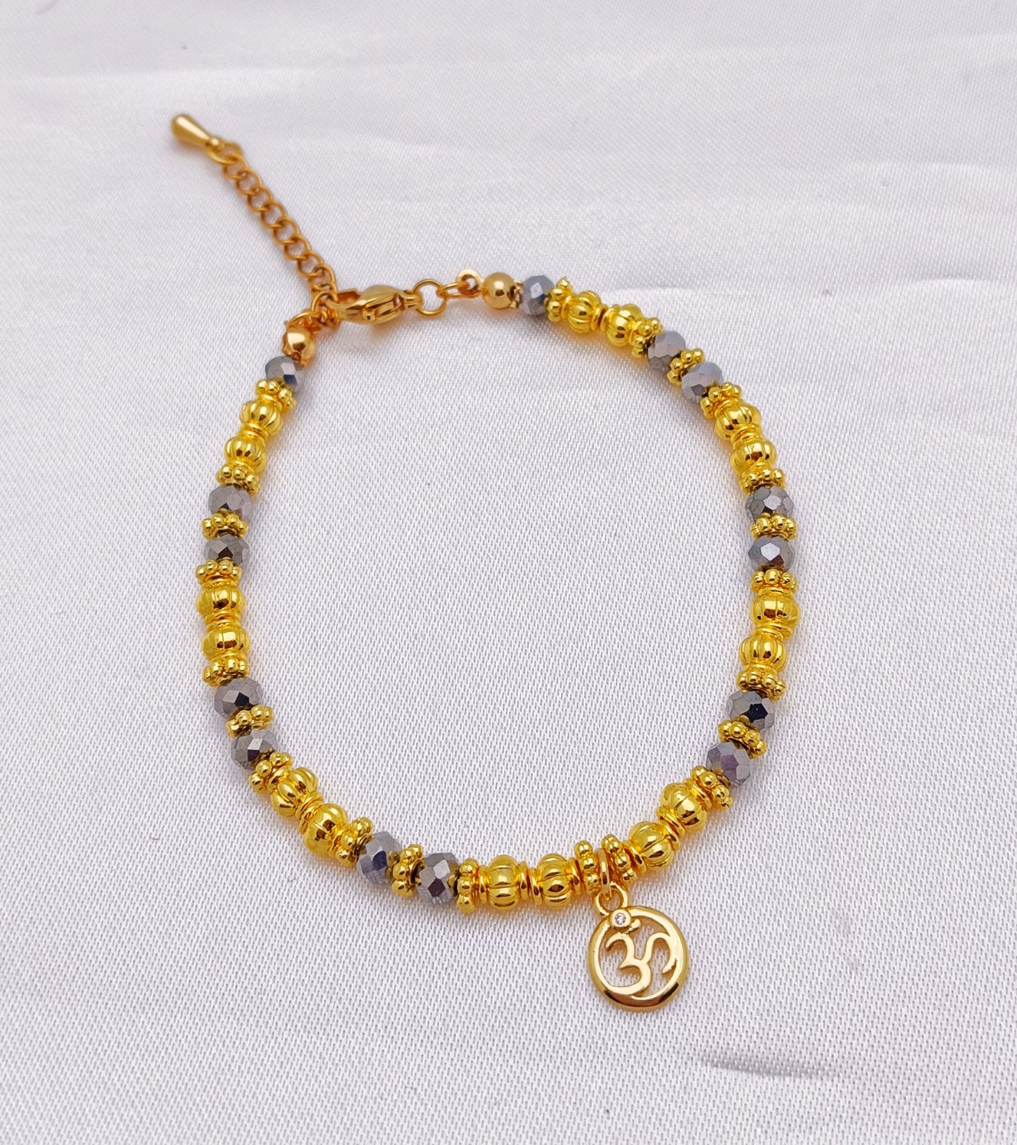 Gold Plated Beaded Bracelet - Aum charm, Silver