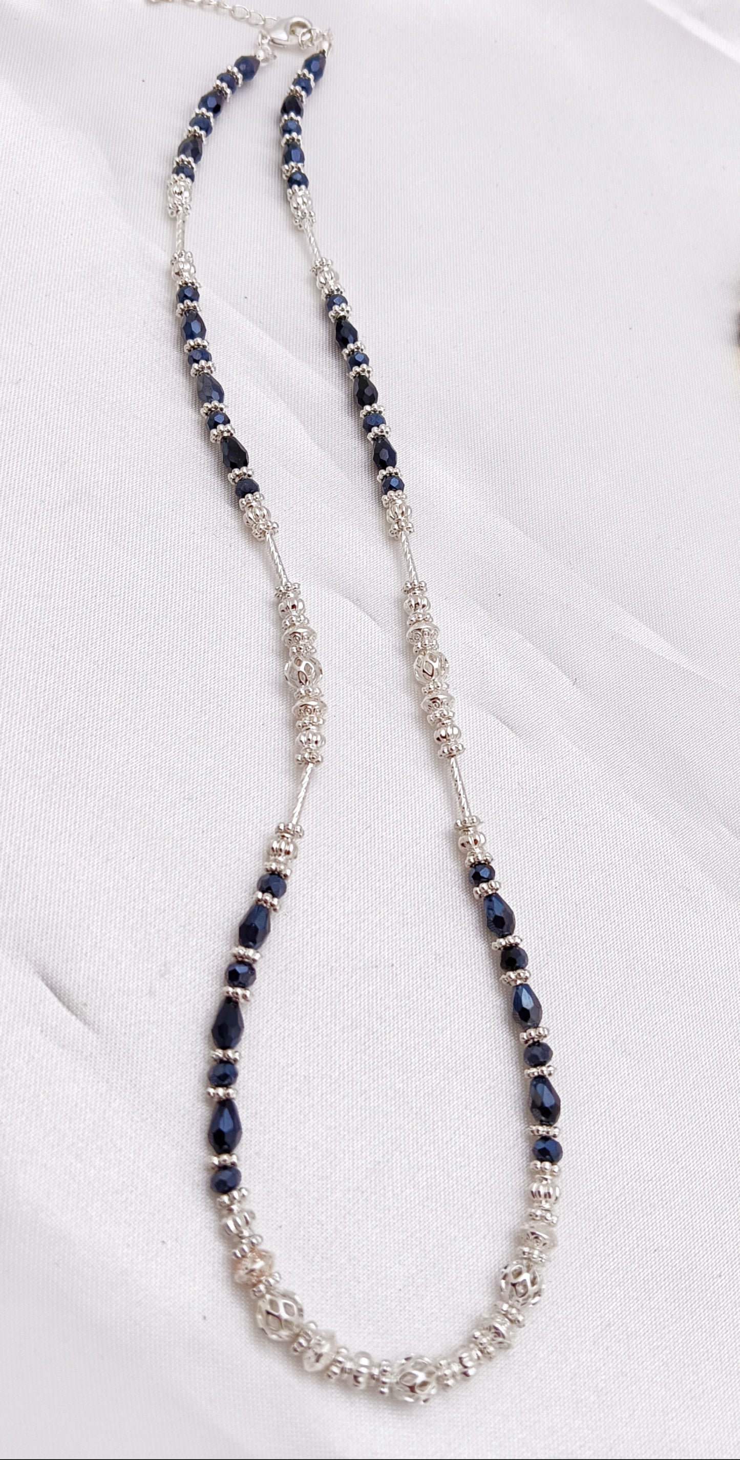 Silver Plated Beaded Necklace - Metallic Black