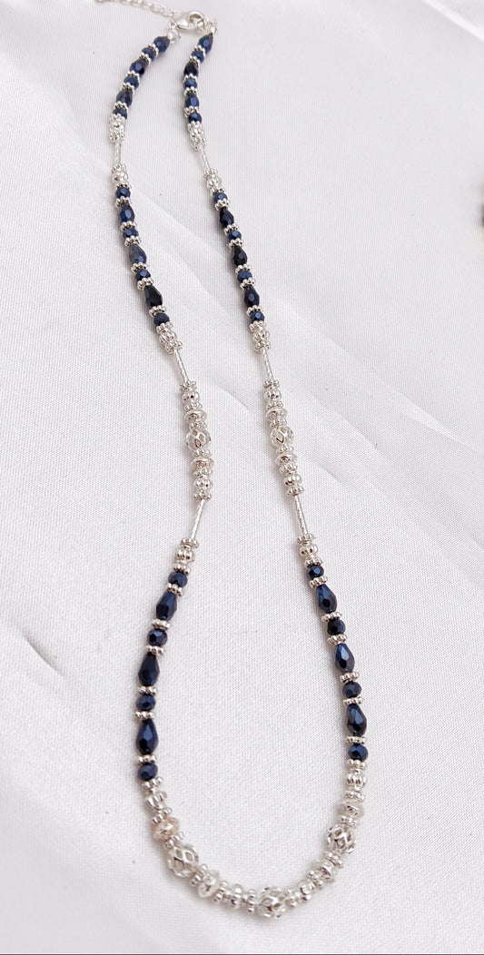 Silver Plated Beaded Necklace - Metallic Black