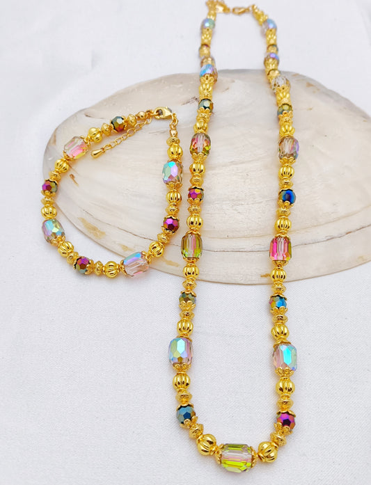 Gold Plated Beaded Necklace and Bracelet Set - Multicolor or Light Pink