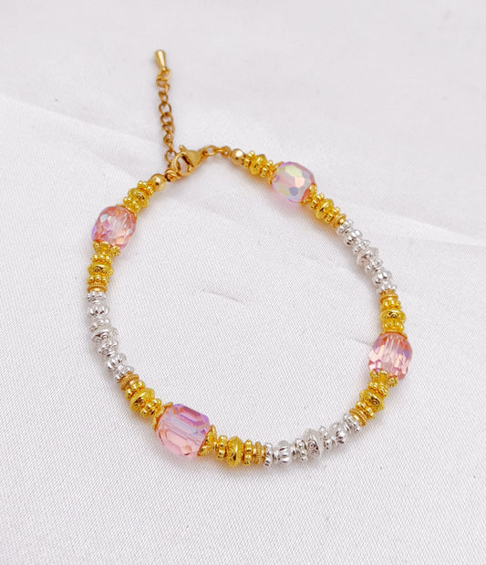 Gold Plated and Silver Plated Beaded Bracelet - Pink