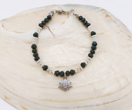 Silver Plated Lotus Beaded Bracelet - Black