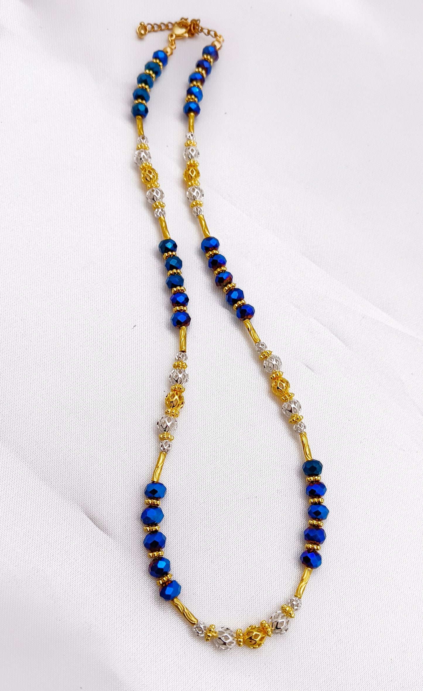 Beaded Necklace - Gold, Silver & Blue (Design 3)