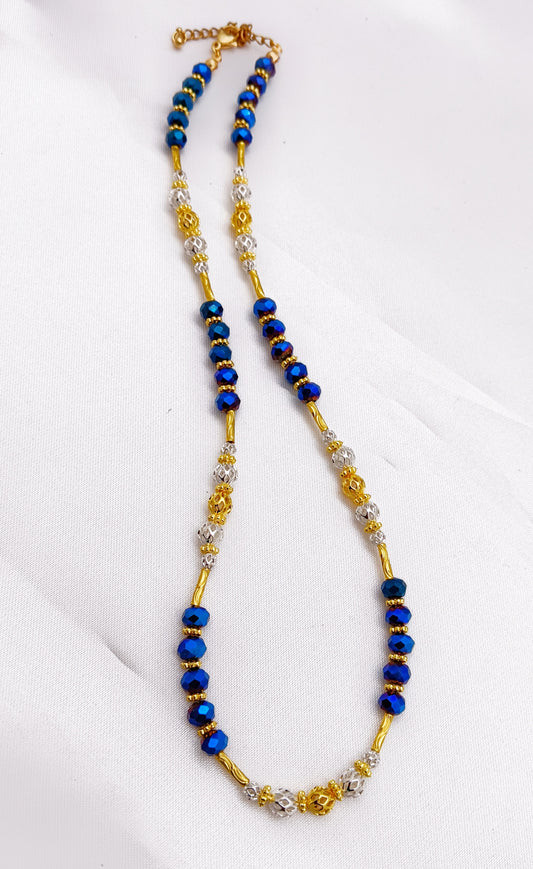 Beaded Necklace - Gold, Silver & Blue (Design 3)