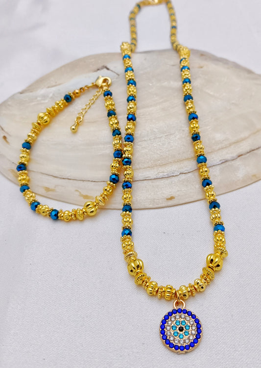 Gold Plated Evil Eye Beaded Necklace and Bracelet Set - Metallic Blue