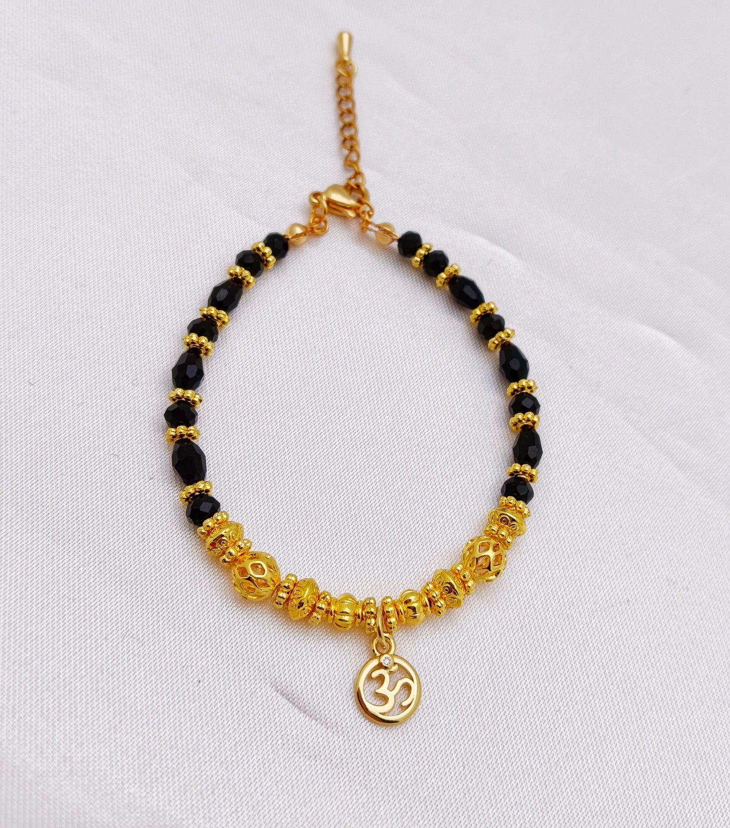 Gold Plated Beaded Bracelet - Aum Charm, Black