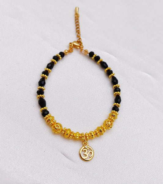 Gold Plated Beaded Bracelet - Aum Charm, Black
