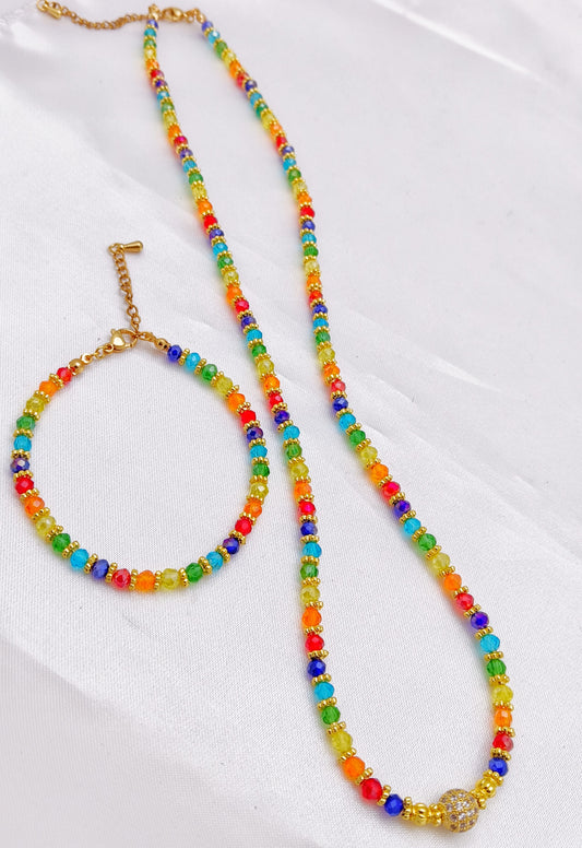 Gold Plated Beaded Necklace and Bracelet Set - Multicolor