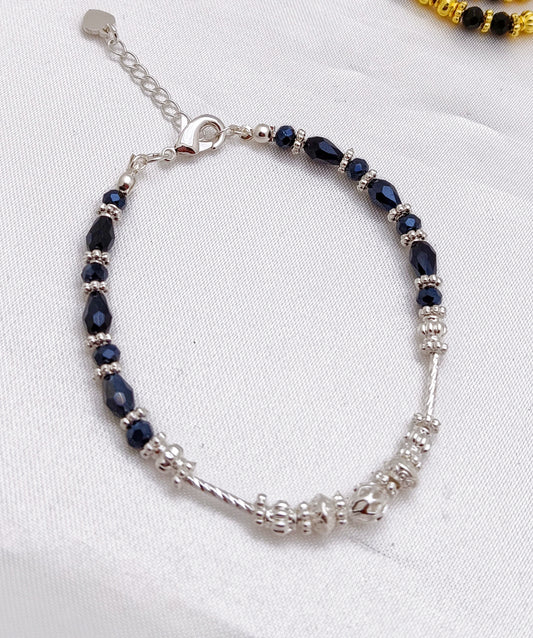 Silver Plated Beaded Bracelet - Metallic Black