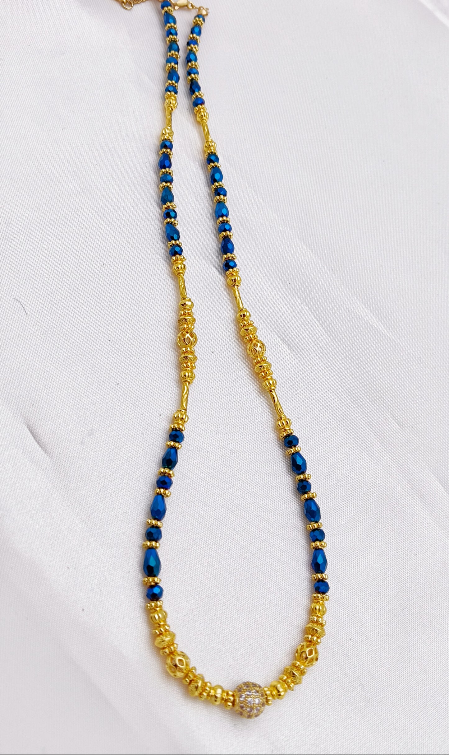 Gold Plated Beaded Necklace - Metallic Blue